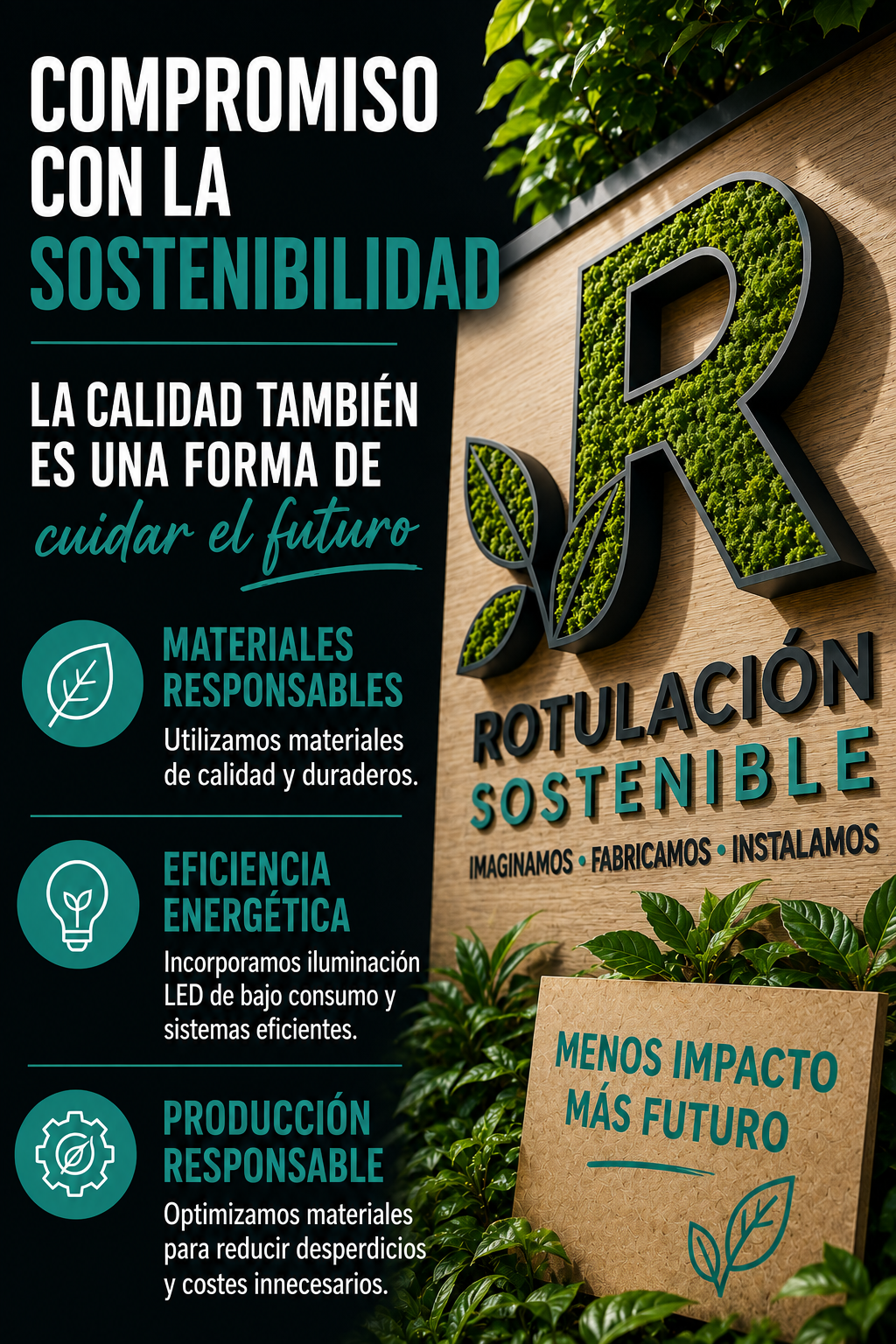 Diseño conceptual de rotulación sostenible con letras corpóreas decoradas con musgo vegetal, materiales naturales y mensaje sobre sostenibilidad, eficiencia energética y producción responsable para empresas.