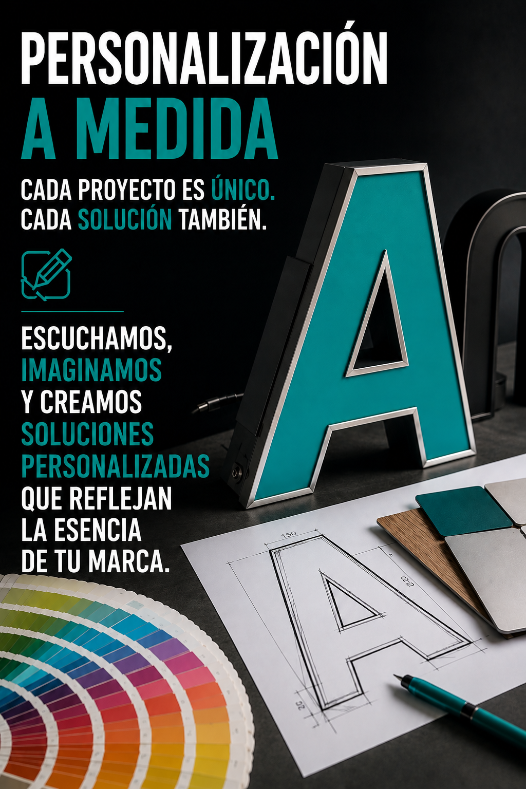 Diseño de personalización a medida con letra corpórea iluminada, carta de colores, muestras de materiales y boceto técnico, representando el desarrollo de soluciones de rotulación y branding personalizadas para empresas.