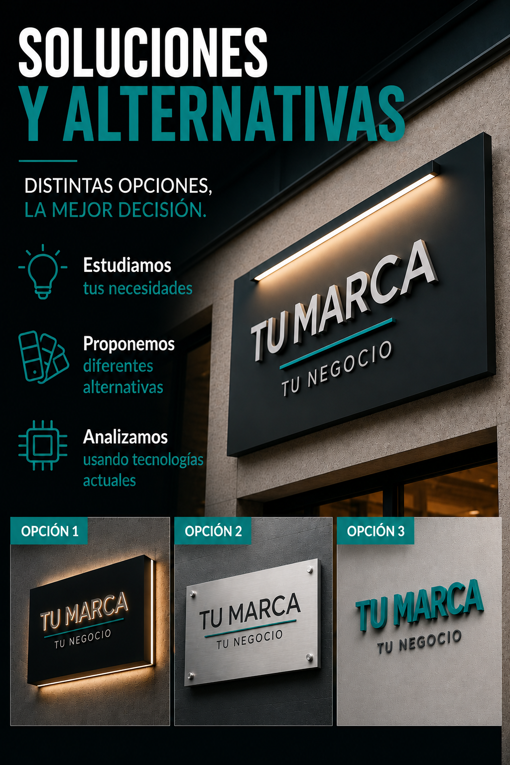 Infografía sobre soluciones de rotulación personalizada que muestra diferentes alternativas de rótulos para empresas, incluyendo letras corpóreas, placa corporativa y rótulo luminoso adaptados a cada negocio.