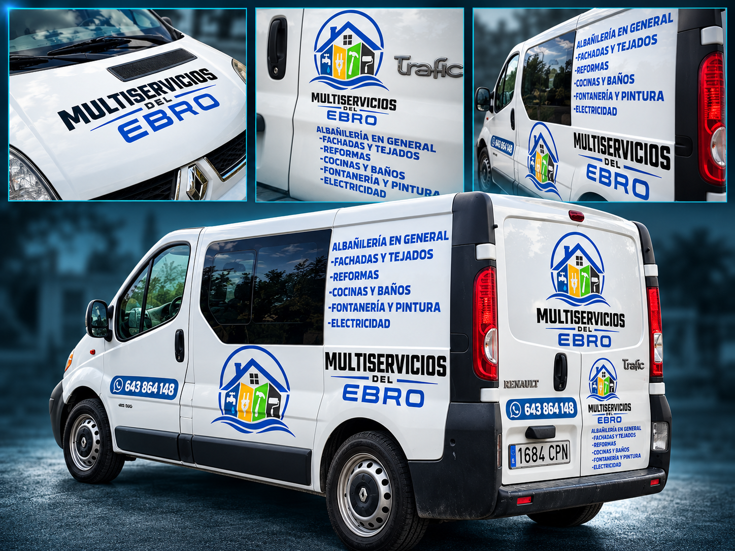 Furgoneta Renault Trafic de Multiservicios del Ebro rotulada con vinilos corporativos azules y negros, logotipo multicolor, servicios de reformas y teléfono de contacto.