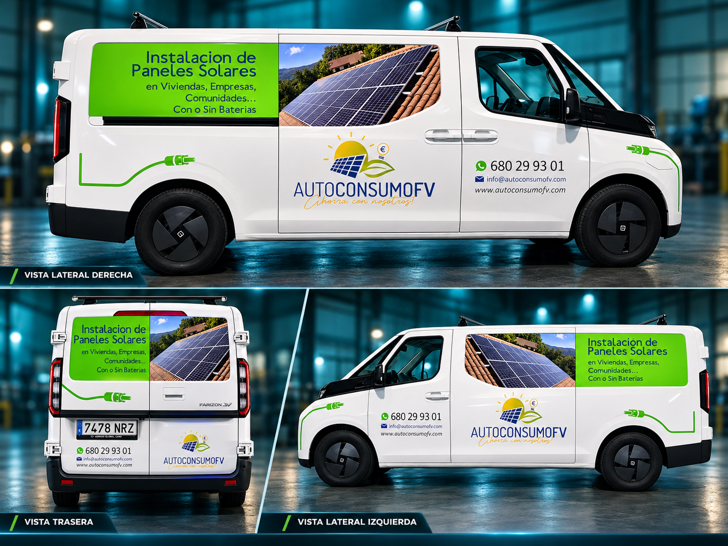 Rotulación de furgoneta para AutoconsumoFV | RotulandoParaTi.com Rotulación publicitaria de furgoneta AutoconsumoFV con vinilos personalizados, logotipo corporativo, imagen de paneles solares y datos de contacto.